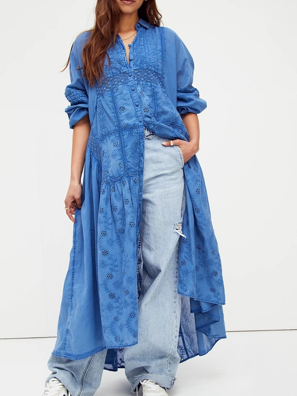 Free People Blue Embroidered Maxi Shirt Dress